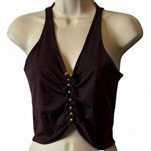 H&M Divided Chocolate Brown Gold Beaded‎ Crop Top, Women's Size S